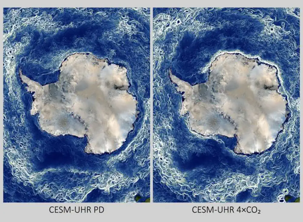 Comparaison des instantanés FSLE de l'océan Arctique issus des deux simulations au cours du mois de septembre. Les régions plus claires (FSLE élevé) indiquent une agitation horizontale plus intense. Panneau de gauche : conditions actuelles ; panneau de droite : conditions futures représentant un quadruplement du CO2 atmosphérique. Crédit de la carte de base : NASA Blue Marble.