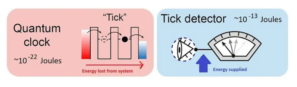 Graphique illustrant la différence d'énergie entre le fonctionnement d'une horloge quantique (à gauche : un seul électron sautant entre deux régions nanométriques) et la lecture des tics de l'horloge (à droite). L'énergie nécessaire pour lire l'horloge est environ un milliard de fois supérieure à celle nécessaire pour la faire fonctionner. Crédit image : Natalia Ares, Vivek Wadhia, Federico Fedele.