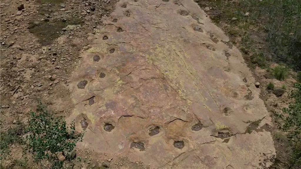 Vue aérienne d'une partie du site de traces de dinosaures de West Gold Hill, dans le Colorado. Crédit : Dr Paul Murphey