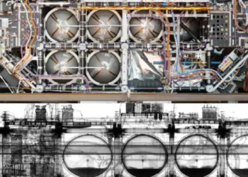 Les radiographies d'« EURECA » montrent les réservoirs de carburant et de gaz avec des restes de solution de nettoyage ainsi que le « squelette » modulaire du satellite. Image : Empa, CC BY 4.0