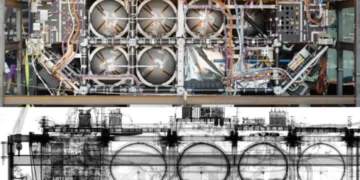 Les radiographies d'« EURECA » montrent les réservoirs de carburant et de gaz avec des restes de solution de nettoyage ainsi que le « squelette » modulaire du satellite. Image : Empa, CC BY 4.0