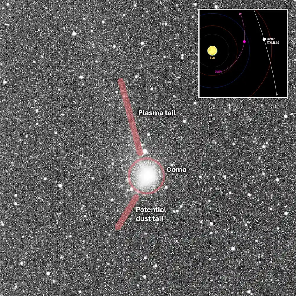 Juice a photographié la comète à l'aide de sa caméra de navigation embarquée (NavCam)