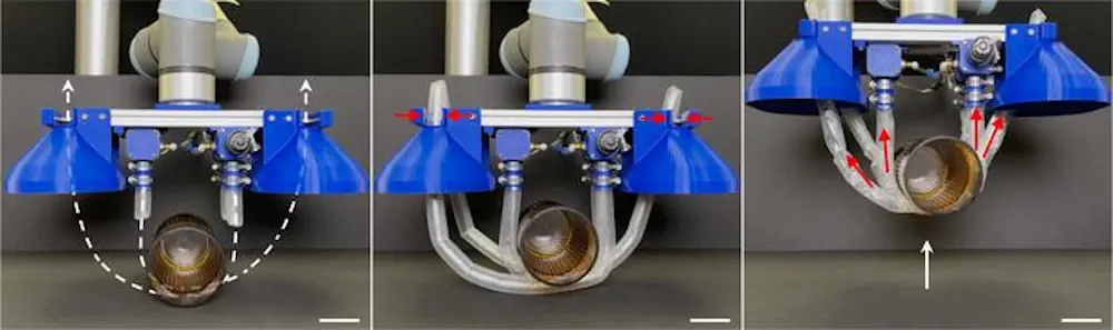 Au fur et à mesure qu'elles s'étendent, les lianes s'enroulent autour de l'objet avant de revenir vers la boîte, où elles sont automatiquement fixées et enroulées mécaniquement pour soulever délicatement l'objet dans une prise douce, semblable à une élingue