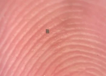 A microrobot, fully integrated with sensors and a computer, small enough to balance on the ridge of a fingerprint.