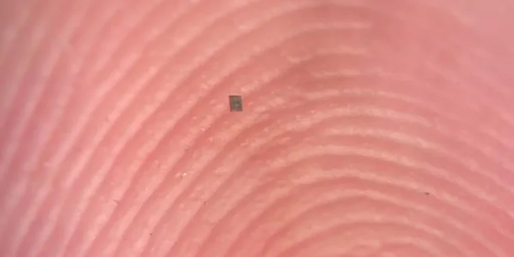 A microrobot, fully integrated with sensors and a computer, small enough to balance on the ridge of a fingerprint.