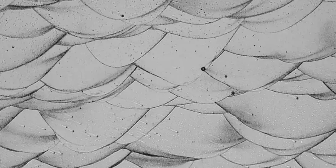 Microscope image showing the layered structure of a new 3D-printed aluminum alloy. The wave-like patterns are “melt pool