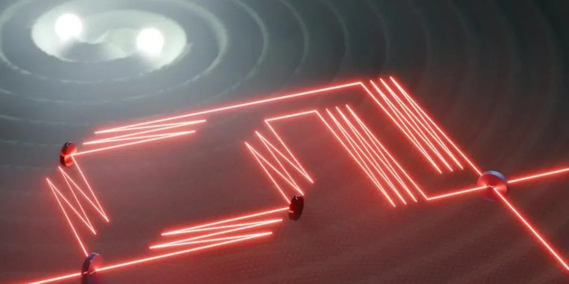 Esquisse du dispositif interférométrique pour la lumière sous l'influence d'une onde gravitationnelle.