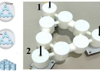 À droite : dispositif de détection d'hélium inspiré du Kagome-biki. À gauche : la structure triangulaire du dispositif aide à déterminer l'emplacement.