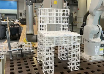 À partir de la consigne « Fabrique-moi une chaise » et du commentaire « Je veux des panneaux sur le siège », le robot assemble une chaise et place des panneaux.