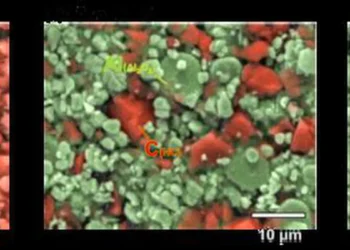 Ces images représentent des électrodes présentant différents rapports entre le carbone dur (rouge) et l'Al 2 O 3 (vert)