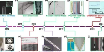 Cette illustration composite présente des exemples typiques d'électrodes intracorticales mini-invasives qui réduisent les dimensions et la rigidité des dispositifs pour les rapprocher de celles du tissu cérébral.