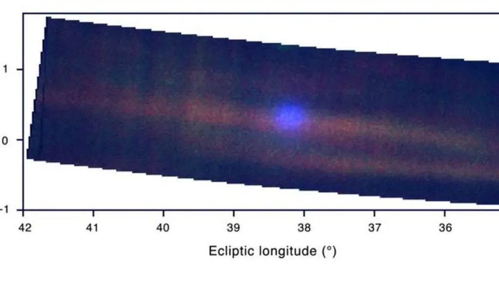 La comète interstellaire 3I/ATLAS est visible sur cette image composite prise le 6 novembre 2025 par le spectrographe ultraviolet Europa, embarqué à bord de la sonde Europa Clipper de la NASA, à une distance d'environ 164 millions de kilomètres.