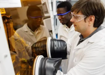 Divers semi-conducteurs à base de pérovskite destinés aux cellules solaires peuvent être produits dans des boîtes à gants en laboratoire. Dr Artem Musiienko (à droite)