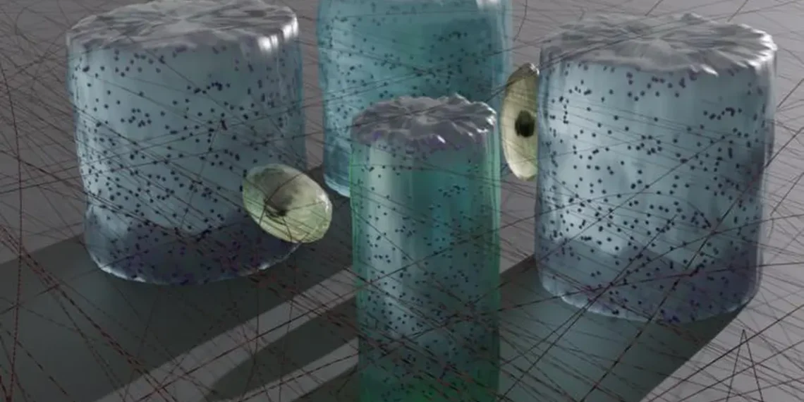 Microstructures hydrogel sensibles à la lumière intégrées dans un réseau de collagène. La microstructure au premier plan est il