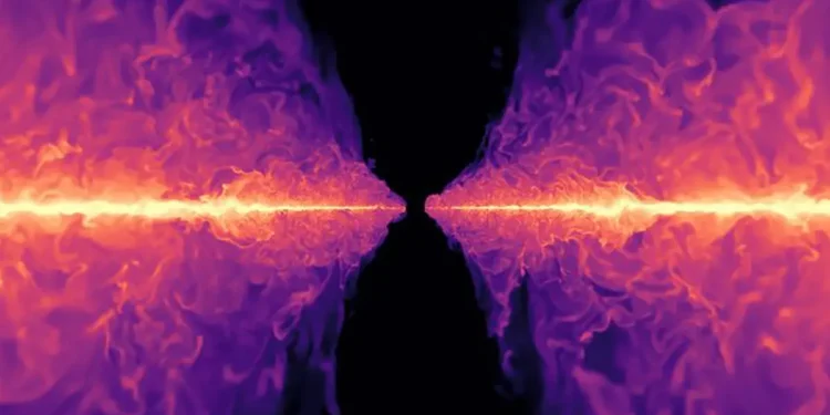 Près du trou noir (au centre), un flux d'accrétion forme un disque thermique dense et mince intégré dans un champ magnétique.