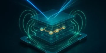 Représentation artistique d'un cristal 2D à l'intérieur d'une puce, où la lumière (en bleu) se couple au champ électrique du cristal (en vert). (Crédit : TU Delft / Université de Nimègue)