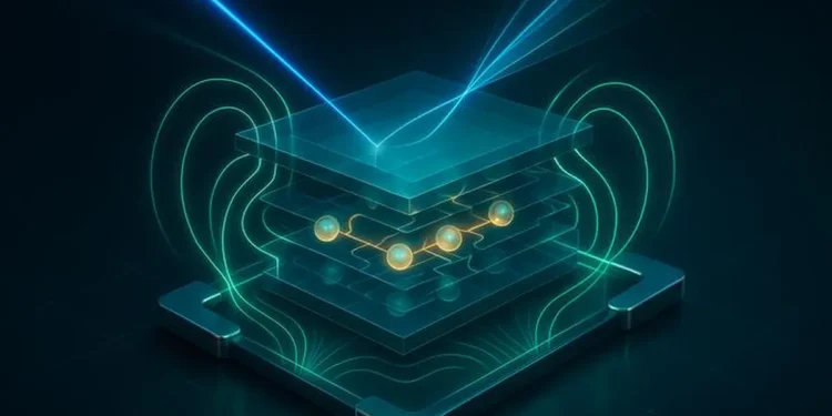 Représentation artistique d'un cristal 2D à l'intérieur d'une puce, où la lumière (en bleu) se couple au champ électrique du cristal (en vert). (Crédit : TU Delft / Université de Nimègue)