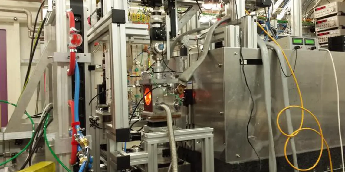 An overview of the experimental setup at DESY in Hamburg reveals the vacuum chamber housing the high-temperature diamond