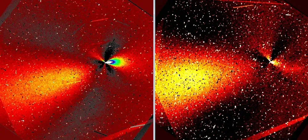 En zoomant sur la structure externe s'étendant jusqu'à 100 000 kilomètres, représentée dans les deux panneaux inférieurs pour le 12 décembre (à gauche) et le 27 décembre ( à droite), on constate qu'elle est dominée par le jet anti-queue, dirigé vers le Soleil dans le coin inférieur gauche de l'image. 