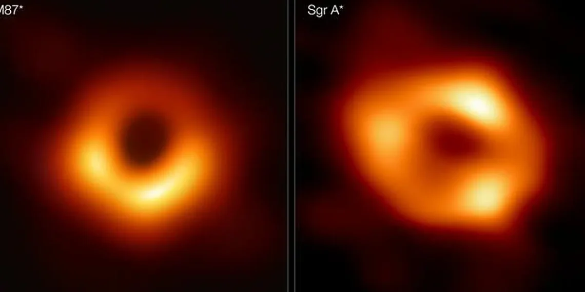 On the left is M87*, the supermassive black hole at the centre of the galaxy Messier 87 (M87), 55 million light-years aw