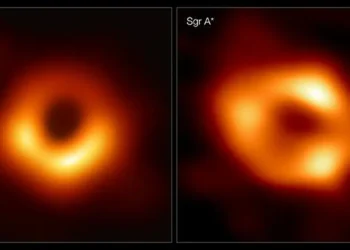 On the left is M87*, the supermassive black hole at the centre of the galaxy Messier 87 (M87), 55 million light-years aw