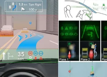 Future smart windshield (left) displays multiplane information. A prototype (right) successfully projects holographic dr