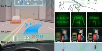 Future smart windshield (left) displays multiplane information. A prototype (right) successfully projects holographic dr