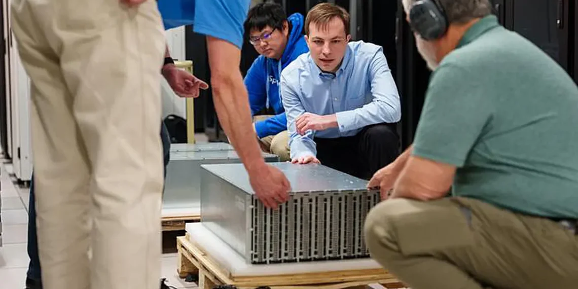Researchers Brad Theilman, center, and Felix Wang, behind, unpack a neuromorphic computing core at Sandia National Labor