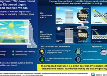 The polymer-dispersed liquid crystal (PDLC)-filled switchable thermochromic transparent wood (TW) exhibits outstanding u