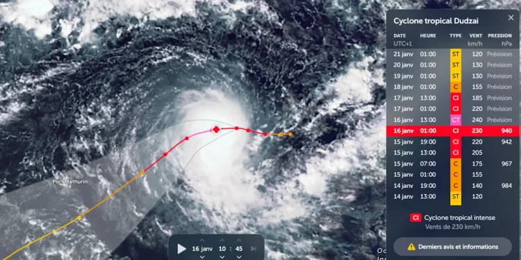 Cyclone Dudzai : le premier phénomène intense de la saison s’approche des Mascareignes