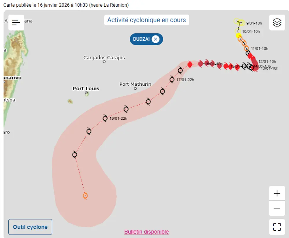 Carte des cyclones et activités cycloniques de La Reunion