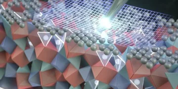 Artist’s rendering of an atomically thin coating of silver and some silver atoms below the surface protecting the crysta