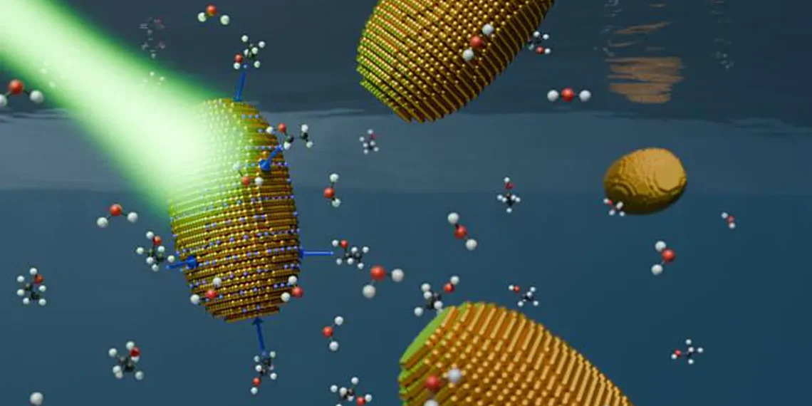 Gold nanorods surrounded by water and ethanol molecules. Illuminating the nanorods generates a photovoltage. This allows