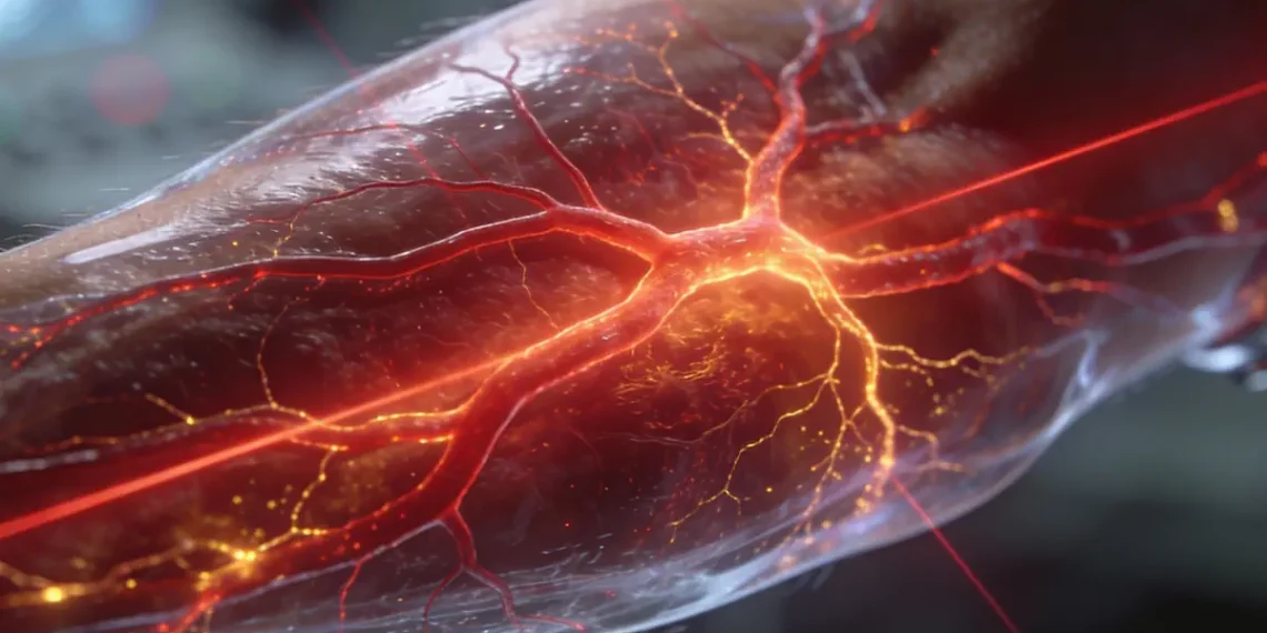 Une percée en imagerie photoacoustique permet désormais de cartographier en 3D le réseau vasculaire humain avec une précision microscopique et sans aucune incision. Cette fusion entre laser et ultrasons offre une vision inédite de la circulation sanguine, ouvrant la voie à des diagnostics plus rapides et non invasifs. Crédit : Gen IA