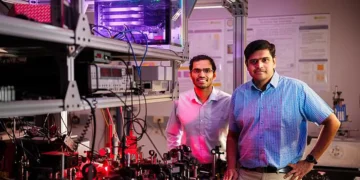 Sandia National Laboratories scientists Saaketh Desai, left, and Prasad Iyer, modernized an optics lab with a team of ar