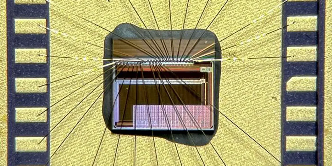 A close up of the chip integrated into the chip carrier