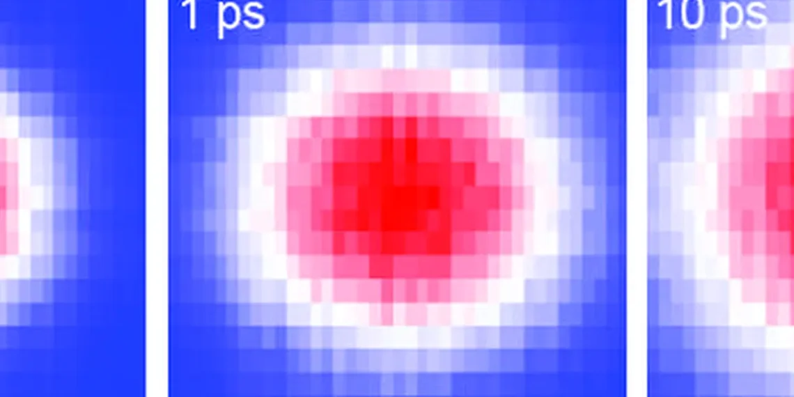 A sequence showing how thermal energy, carried by electrons, spreads through theta-phase tantalum nitride after the meta