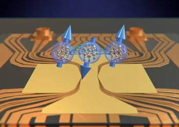 With three atomic clouds whose spins (blue) are entangled with each other at a distance, the researchers can measure the