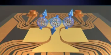 With three atomic clouds whose spins (blue) are entangled with each other at a distance, the researchers can measure the