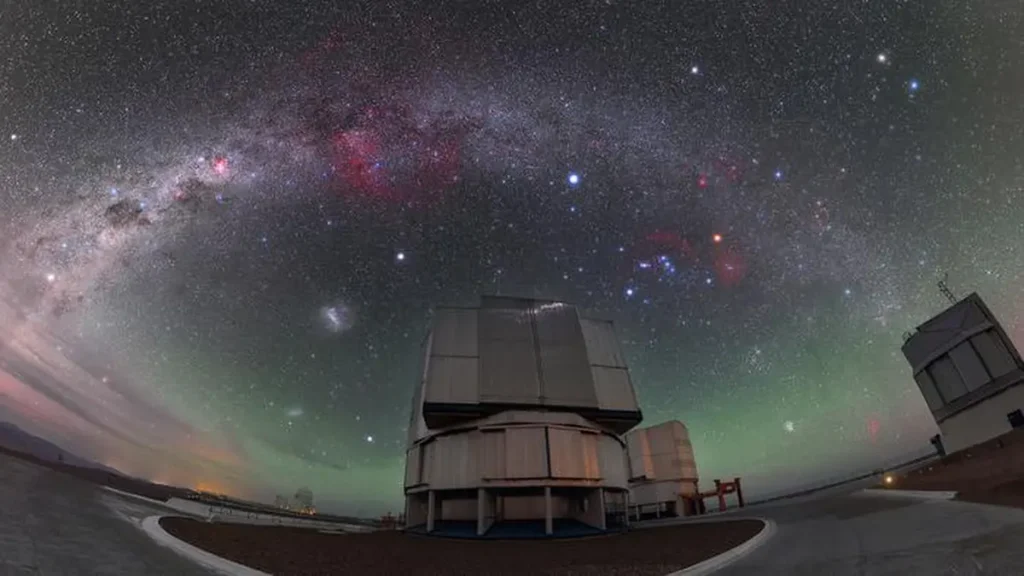 The sky above ESO’s VLT (Very Large Telescope) in Chile. The star R Doradus lies just to the left of the telescope at th