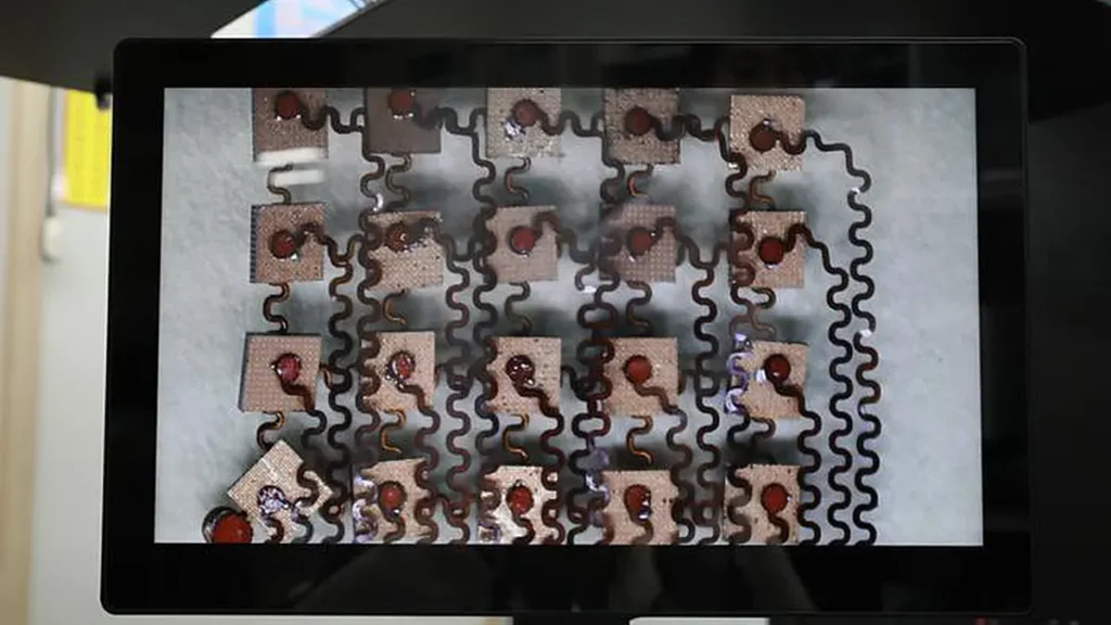 Un réseau de transducteurs ultrasoniques 5×4 développé par l'équipe de recherche du Dr Shin Hur au KIMM (vue agrandie).