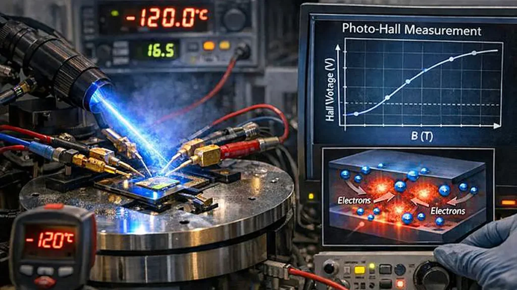 Schéma conceptuel du transport de charge et de la caractérisation des pièges à l'aide de mesures photo-Hall (image générée par IA)