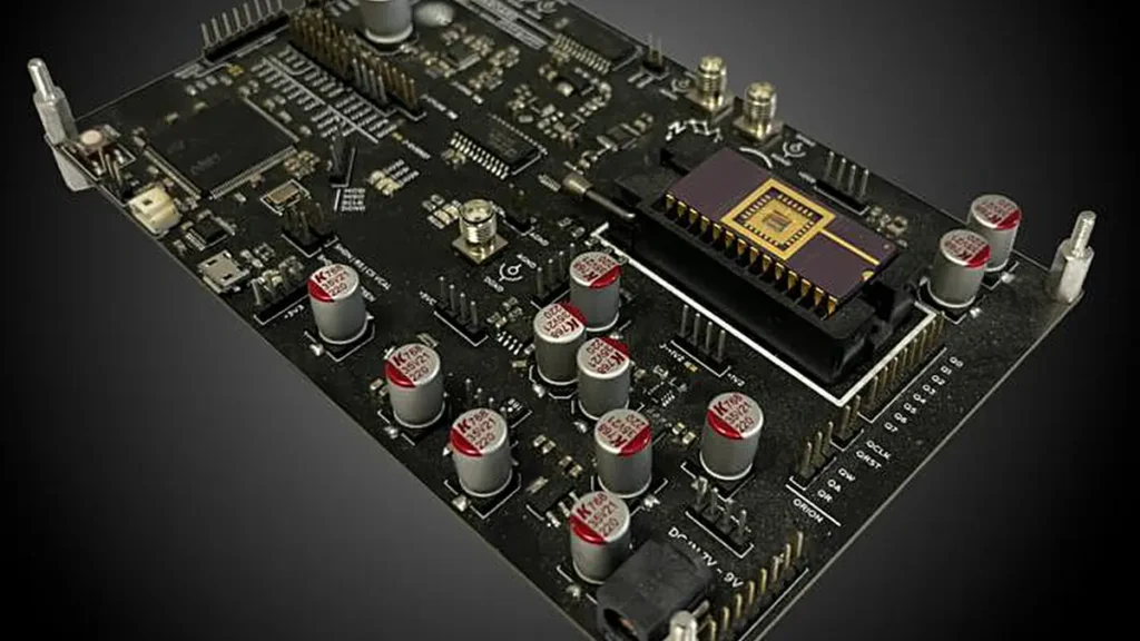The chip mounted on the characterization board used for the experimental measurements and demonstrations presented in th