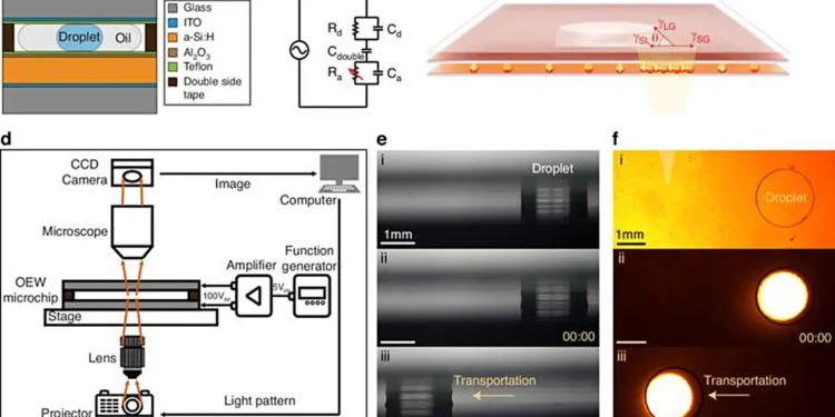 Overview of the OEW-based droplet dispensing system. a Schematic diagram of the microchip. b Equivalent circuit diagram