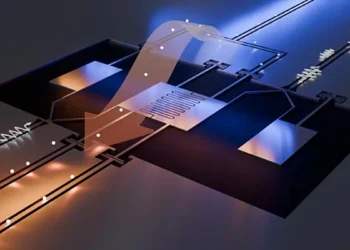 Two microwave channels act as hot and cold heat reservoirs, highlighted by a reddish and a bluish glow, respectively. Th