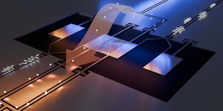 Two microwave channels act as hot and cold heat reservoirs, highlighted by a reddish and a bluish glow, respectively. Th