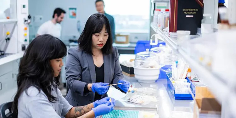 University of Texas at Dallas researchers Bernadette Magalindan BS’21, MS’25 (left) and Dr. Shuang (Cynthia) Cui evaluat