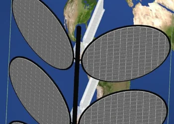 A schematic of the proposed orbital data center design, which resembles a leafy plant, with solar panels branching out f