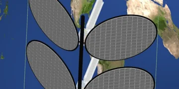 A schematic of the proposed orbital data center design, which resembles a leafy plant, with solar panels branching out f