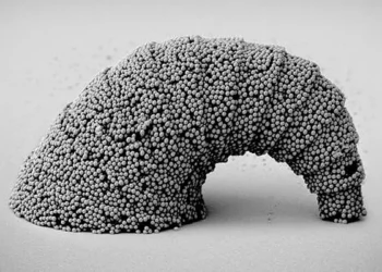 SEM images of a dangling croissant-shaped microstructure with a 3D curved surface assembled from SiO 2 particles. 